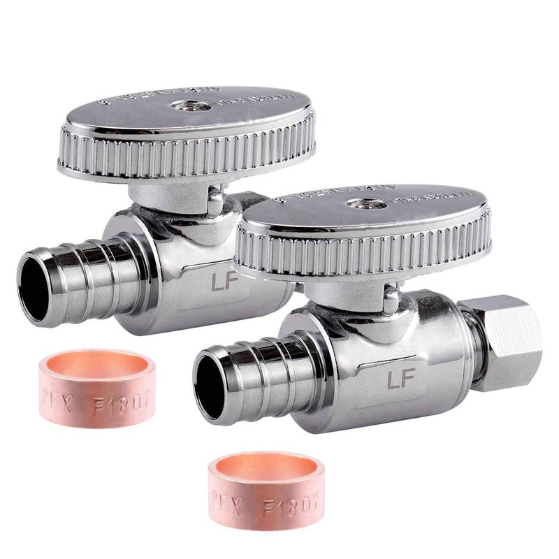 Litorange 2 Pack Premium Lead-Free Brass 1/2 Inch Pex x 3/8 Inch OD Compression Quarter Turn Straight Angle Stop Valve with 2 PCS PEX Clamp Ring - Image 1
